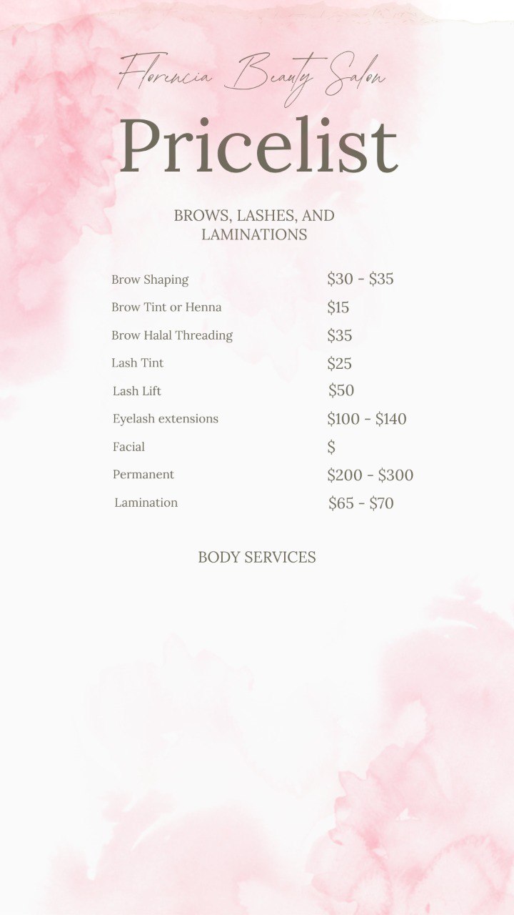 Florencia Beauty Salon pricing for eyebrow threading, eyelash extensions, and body services